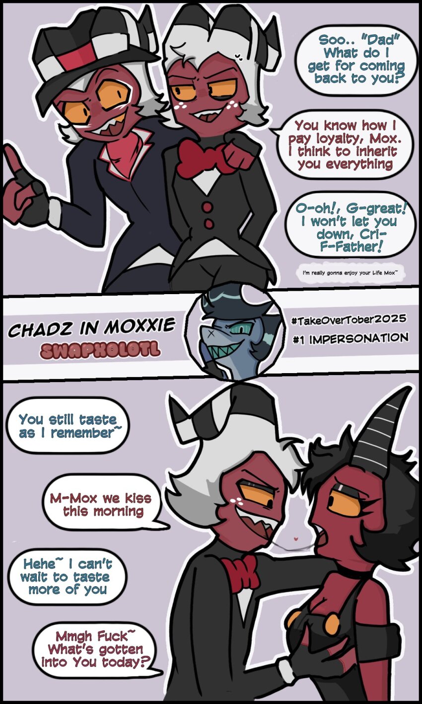bare_shoulders black_eyes breasts chazwick_thurman cleavage comic crimson_(helluva_boss) demon_boy demon_girl english_text eyeshadow father_and_son groping helluva_boss heterosexual horns husband_and_wife kissing makeup maledom malesub millie_(helluva_boss) moxxie_(helluva_boss) possession red_skin speech_bubble spit_trail swapxolotl text white_hair yellow_sclera