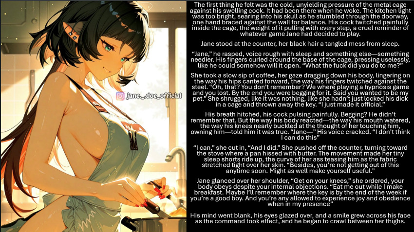 ai_art apron chastity denial femdom happy_trance jane_doe_(zenless_zone_zero) manip pov pov_sub sideboob text zenless_zone_zero