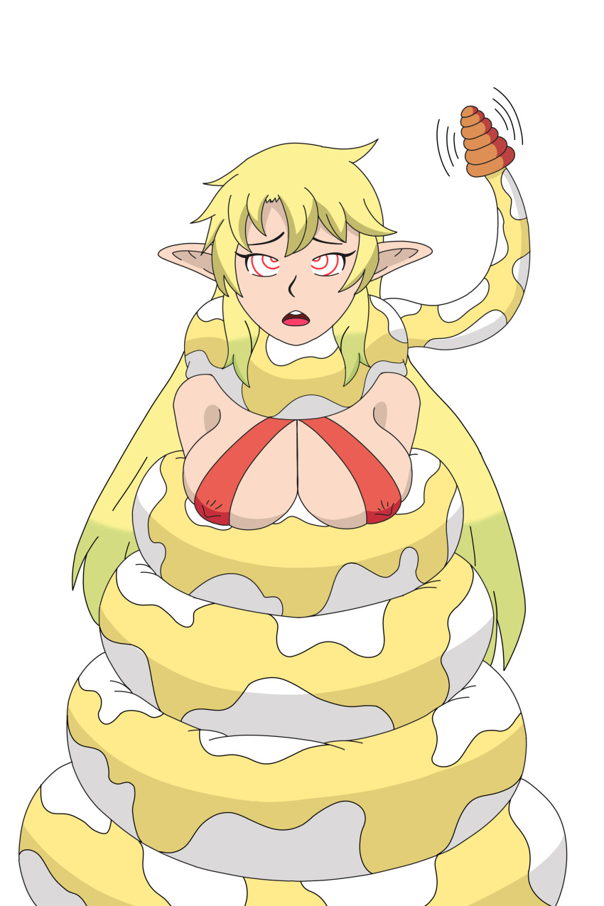 blonde_hair breasts cleavage coils dazed elf elf_ears elma_(interspecies_reviewers) erect_nipples femdom femsub hypnotic_audio interspecies_reviewers kela_(zengo888) long_hair open_mouth original rattlesnake restrained ring_eyes simple_background snake zero2hero54