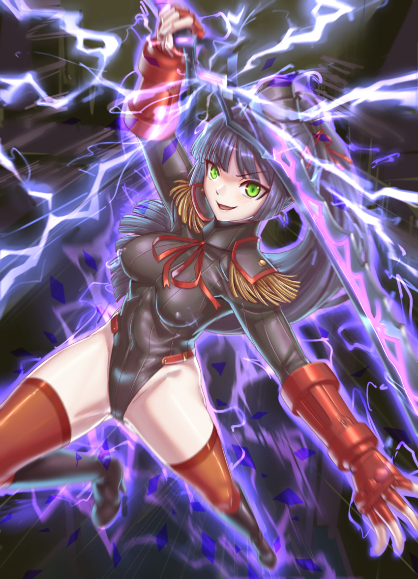 aura black_hair boots bow bow_tie breasts capcom character_request cosplay electricity empty_eyes fingerless_gloves gloves glowing green_eyes hat leebigtree leotard ponytail shadaloo_dolls shoulder_pads smile straight-cut_bangs street_fighter sword thighhighs weapon