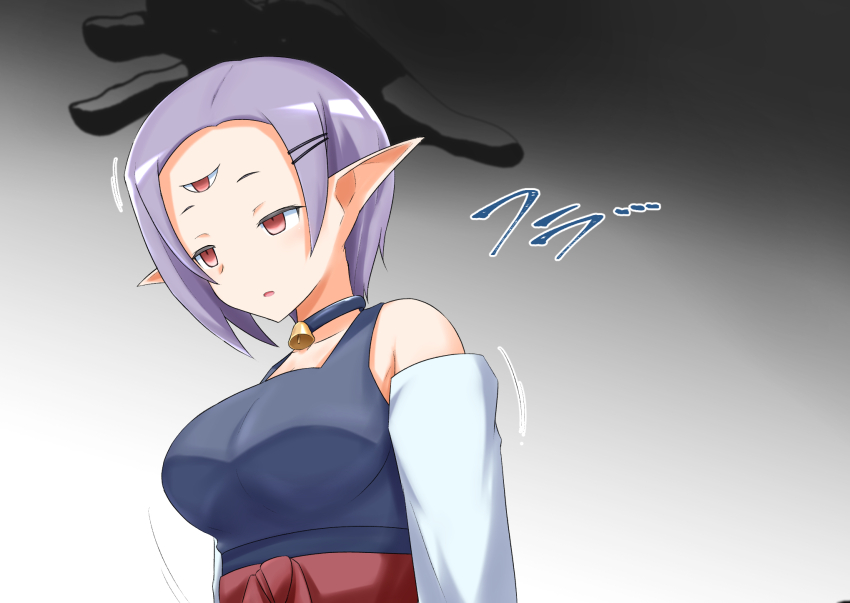 bare_shoulders bell_collar breasts choker disgaea elf_ears expressionless femsub hair_clips mom_(disgaea_2) monster_girl na_shacho phantom_hand purple_hair red_eyes short_hair text