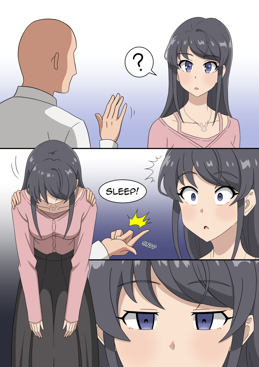 absurdres black_hair blue_eyes clothed collarbone comic deepwater empty_eyes english_text eyebrows_visible_through_hair femsub finger_snap gradient_background jewelry limp mai_sakurajima maledom necklace rascal_does_not_dream_of_bunny_girl_senpai right_to_left shrunken_irises simple_background skirt sleep_command speech_bubble text traditional_hypnosis trigger