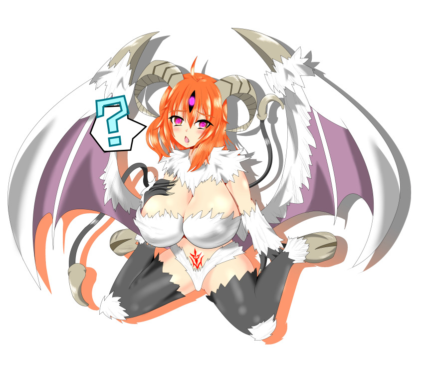absurdres black_sclera blush body_markings breasts cleavage command_seal confused eldritch eye_color_change fate/grand_order fate_(series) femsub horns kneeling large_breasts long_hair orange_hair pink_eyes possession ritsuka_fujimaru_(female) shub-niggurath simple_background sitting speech_bubble spiralwash_eyes syoumutyu tail tattoo third_eye white_background wings