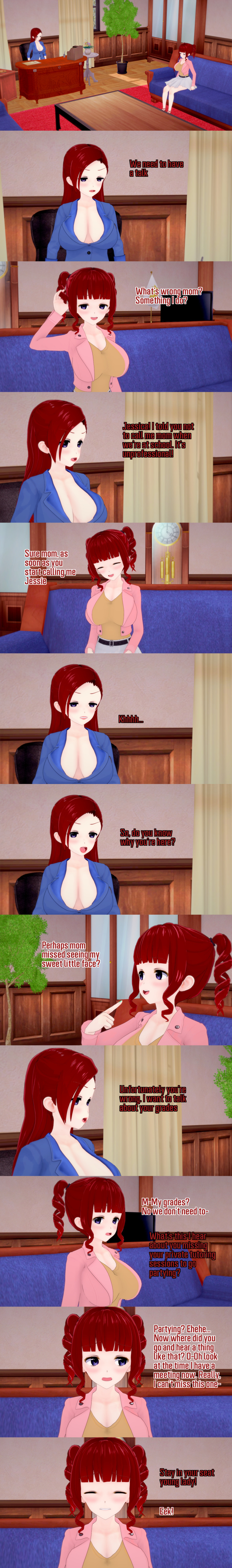 absurdres angry aware blue_eyes closed_eyes clothed dialogue english_text jessica_(ophelia's_dollhouse) long_hair milf mother_and_daughter ophelia's_dollhouse red_hair text zenin1