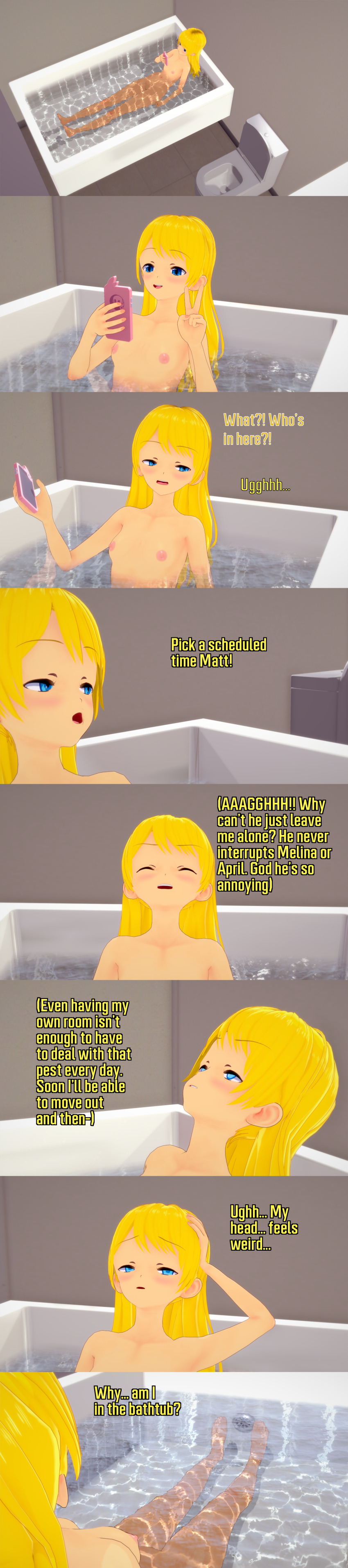 absurdres bath bathing blonde_hair blue_eyes breasts brother_and_sister dialogue english_text femsub lauren_(veritas) long_hair maledom matthew_(veritas) nipples nude phone text v veritas water zenin1