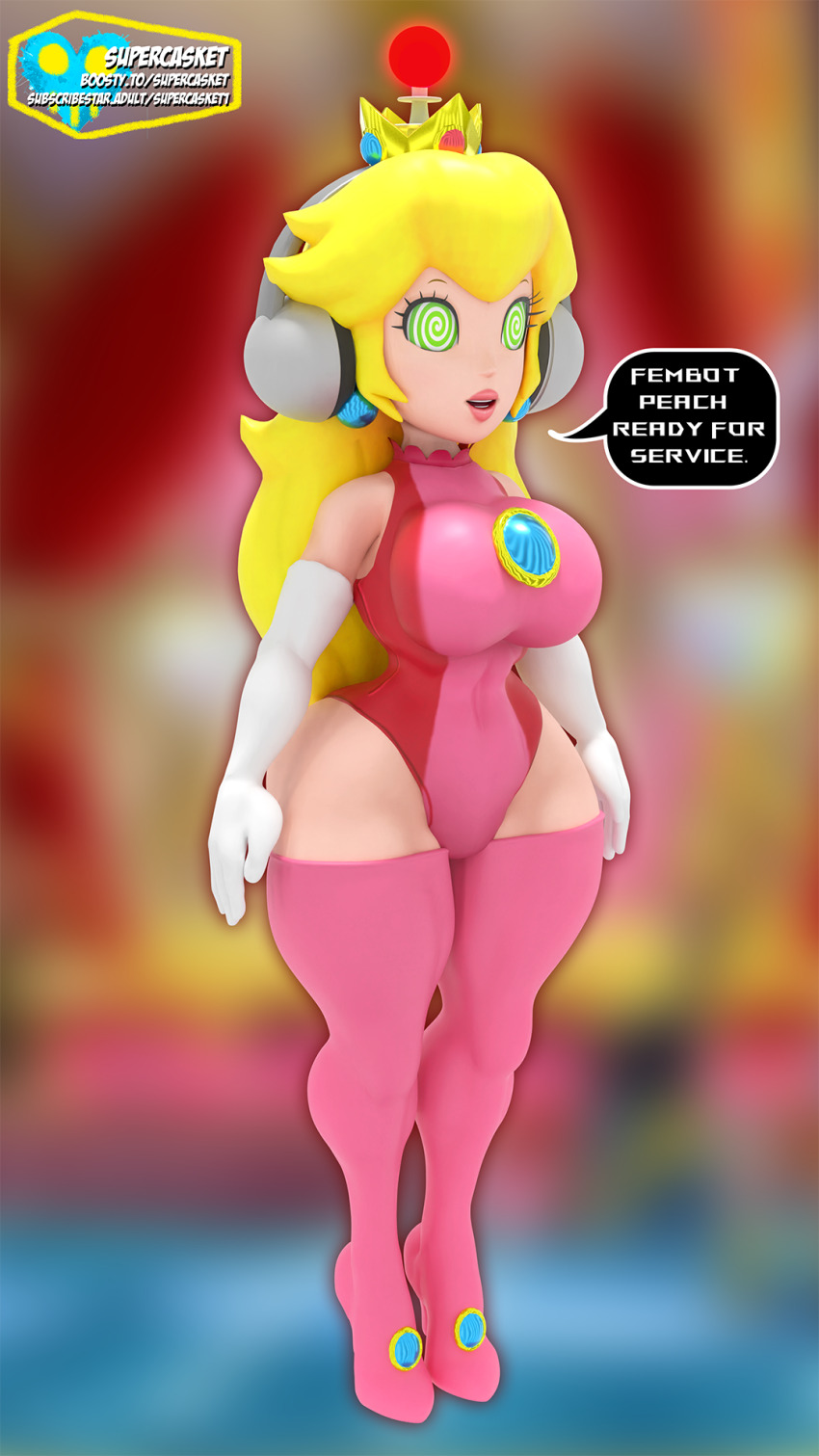 3d blender blonde_hair fembot femsub happy_trance headphones leotard nintendo princess_peach spiral spiral_eyes super_mario_bros. supercasket text