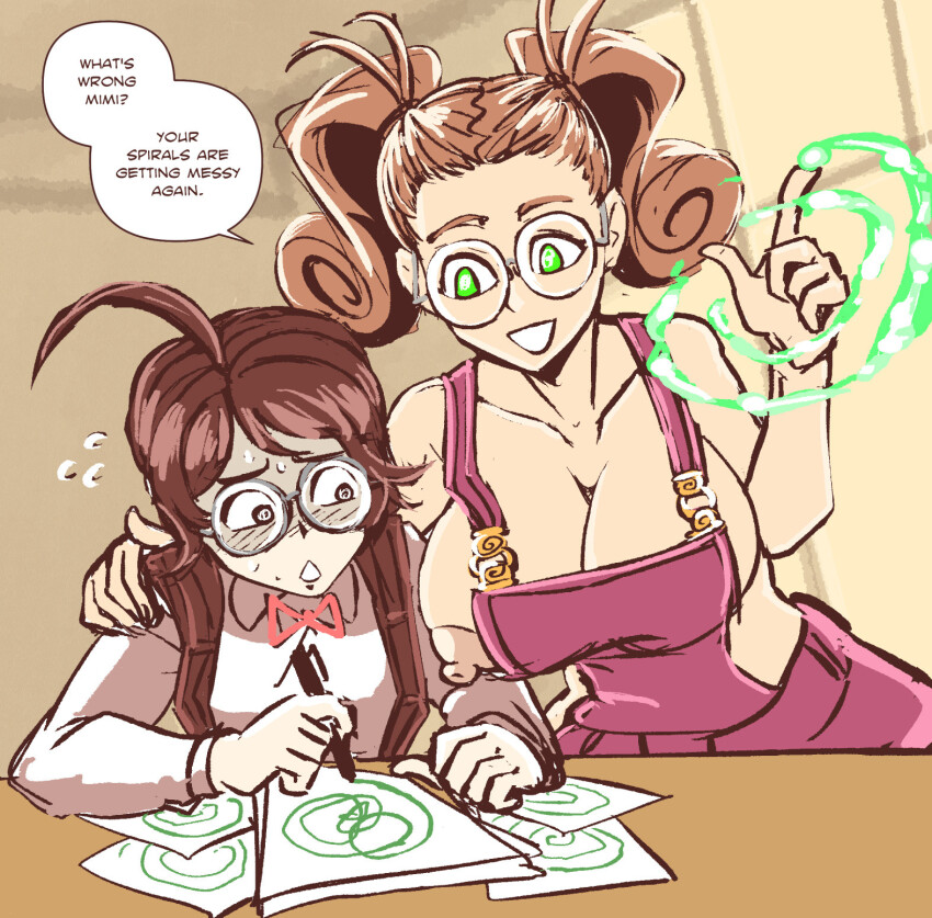 ahoge blush bow_tie breasts_outside brown_eyes brown_hair cleavage clothed collarbone female_only femdom femsub glasses green_eyes hypnotic_hands large_breasts long_hair majinsfw mimi_(cyanstargazer) nipples original poma_(majinsfw) shirt sitting smile sweat symbol_in_eyes table teacher teacher_dom text twintails