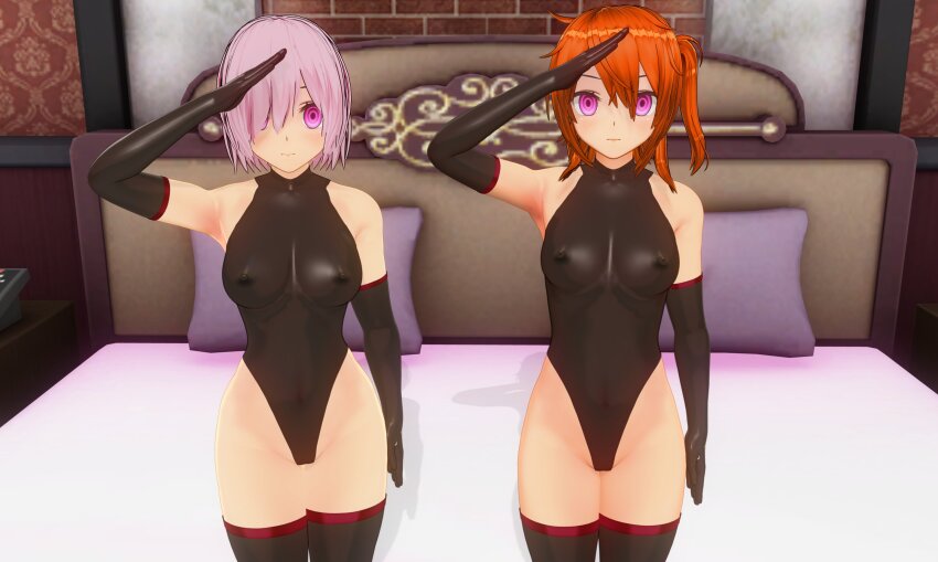 3d armpits bangs bare_shoulders bed bedroom boots breasts custom_maid_3d_2 empty_eyes expressionless fate/grand_order fate_(series) female_only femsub gloves hair_covering_one_eye leotard long_hair mashu_kyrielight multiple_girls multiple_subs nipples opera_gloves orange_hair pink_eyes ritsuka_fujimaru_(female) saluting short_hair side_ponytail standing standing_at_attention swallow774 thigh_boots thighhighs tight_clothing