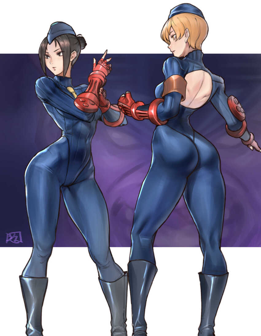 arm_bands ass bodysuit boots brown_eyes brown_hair capcom expressionless femsub fingerless_gloves gloves hat juaagacgy juli juni leotard m._bison multiple_girls multiple_subs muscle_girl orange_eyes orange_hair shadaloo_dolls short_hair shoulder_pads signature street_fighter tie tied_hair white_background