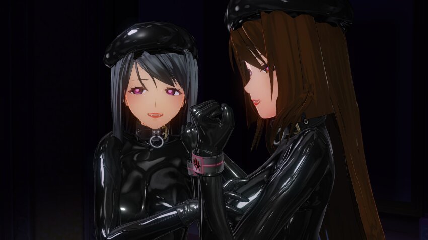 3d bangs beret black_hair blush bodysuit breast_grab brown_eyes brown_hair collar cuffs custom_maid_3d_2 evil_smile fangs female_only femsub gloves hat heavy_eyelids latex li_q lipstick long_hair multicolored_eyes multiple_girls multiple_subs original pink_eyes rubber smile tight_clothing