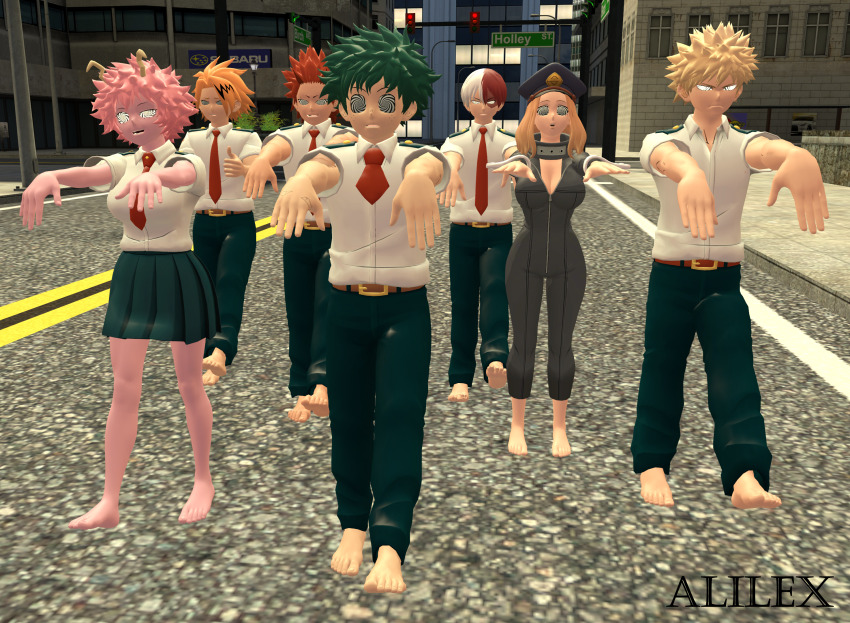 3d alilex barefoot blonde_hair camie_utsushimi denki_kaminari eijiro_kirishima femsub green_hair happy_trance horns izuku_midoriya katsuki_bakugo long_hair malesub mina_ashido multicolored_hair my_hero_academia pink_hair pink_skin red_hair school_uniform short_hair shoto_todoroki source_filmmaker spiral_eyes unhappy_trance zombie_walk