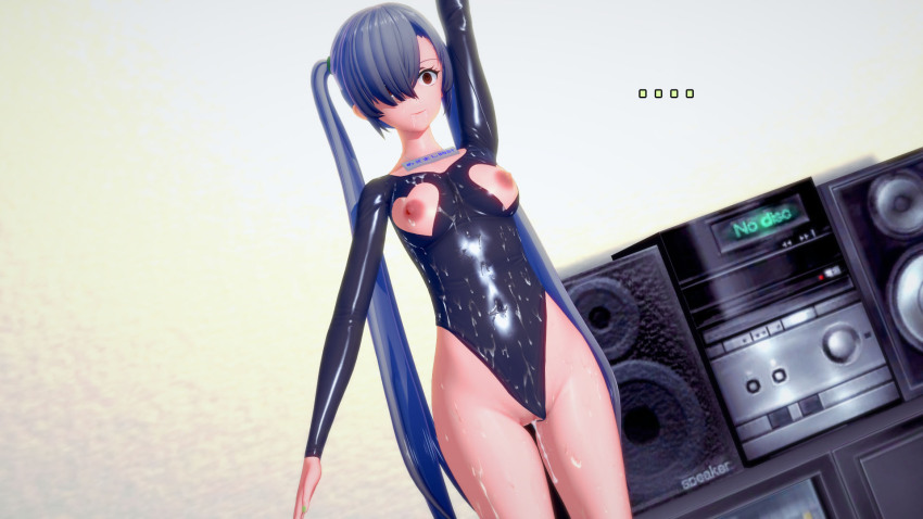 3d 8x9wo barefoot blue_hair bodysuit covered_with_cum drool female_only femsub happy_trance human_furniture inanimate_object koikatsu! long_hair original red_eyes robotization sequence symbol_in_eyes tech_control text translated