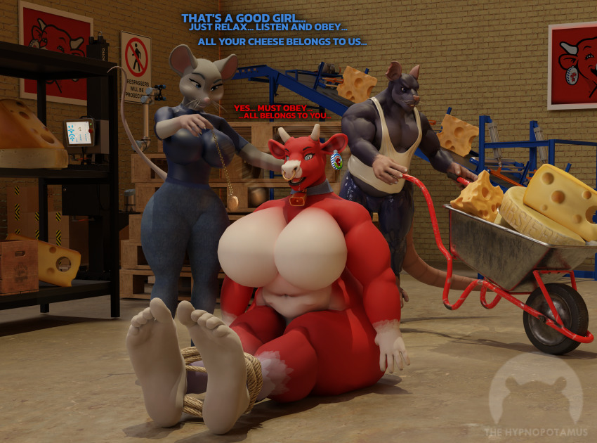 3d barefoot cow_girl cowbell furry large_breasts mesmer_mouse_(hypnopotamus) mouse_girl original pocket_watch rat_boy spiral_eyes spiralwash_eyes tagme the_laughing_cow thehypnopotamus thick_thighs