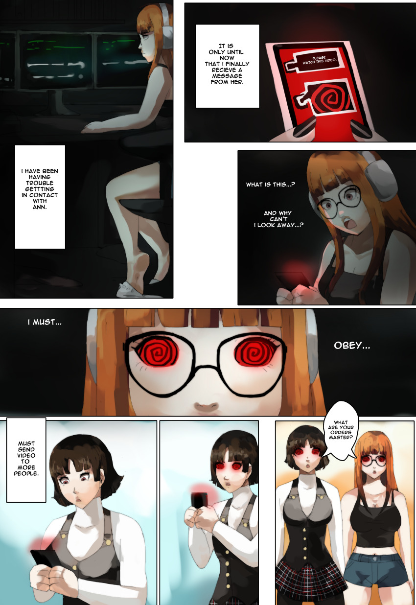 bangs braid brown_hair clothed comic computer crop_top dialogue female_only femsub futaba_sakura glasses headphones hypnotic_screen long_hair makoto_niijima midriff multiple_girls multiple_subs onefeefoor open_mouth orange_hair persona_(series) persona_5 phone red_eyes school_uniform short_hair short_shorts shorts speech_bubble spiralwash_eyes straight-cut_bangs tank_top tech_control text vest