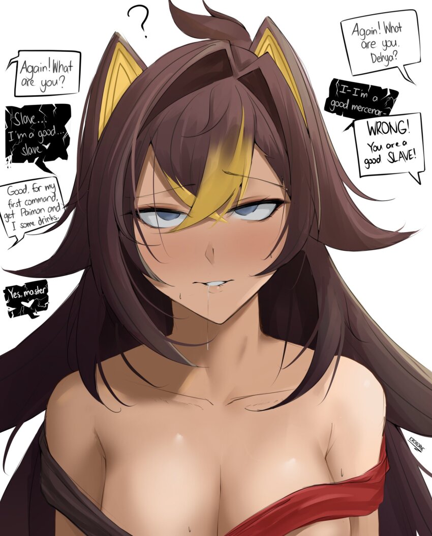 altered_common_sense animal_ears bare_shoulders breasts cleavage dehya_(genshin_impact) dialogue drool empty_eyes english_text eroborne femsub genshin_impact good_sub_conditioning grey_eyes lip_biting long_hair multicolored_hair resisting tagme text white_background