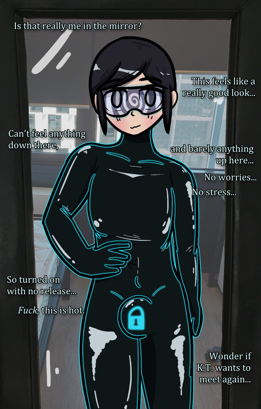 aware black_hair blush bodysuit bulge collarbone consensual drone dronification edging eyebrows_visible_through_hair female_only femsub glowing grey_eyes happy_trance iris_azure mirror null_bulge original self_hypnosis short_hair smile solo spiral tech_control text tight_clothing trance_delightful visor wholesome