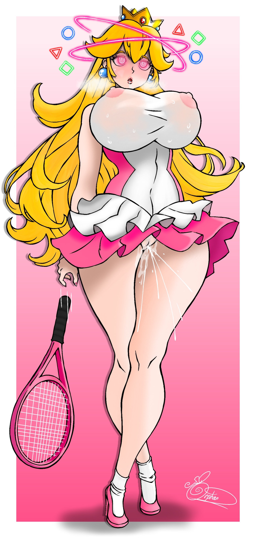 blonde_hair blush breath crown dazed drool erect_nipples female_only femsub glowing_eyes high_heels long_hair magic nintendo open_mouth orphan2 princess_peach pussy_juice see-through signature simple_background spiral_eyes sportswear squirting standing_at_attention super_mario_bros. thick_thighs