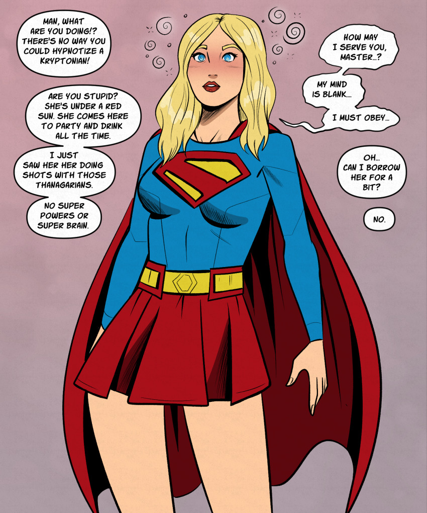 alien blonde_hair blue_eyes dazed dc_comics dialogue english_text femsub polmanning red_lipstick skirt speech_bubble spiral_eyes super_hero supergirl superman_(series) text