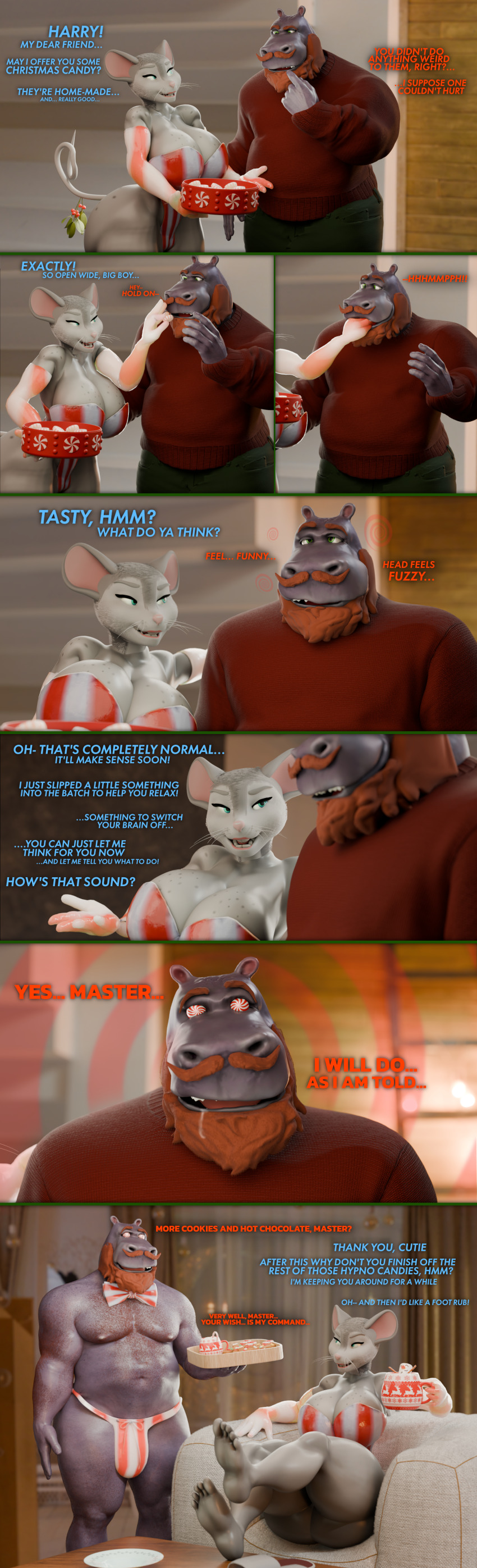 3d animal_ears barefoot beard bow_tie bulge candy christmas comic drool femdom furry happy_trance harry_hippo_(hypnopotamus) hippo_boy hypnotic_food large_breasts malesub mesmer_mouse_(hypnopotamus) mouse_girl original sequence smile spiral_background spiral_eyes tail text thehypnopotamus