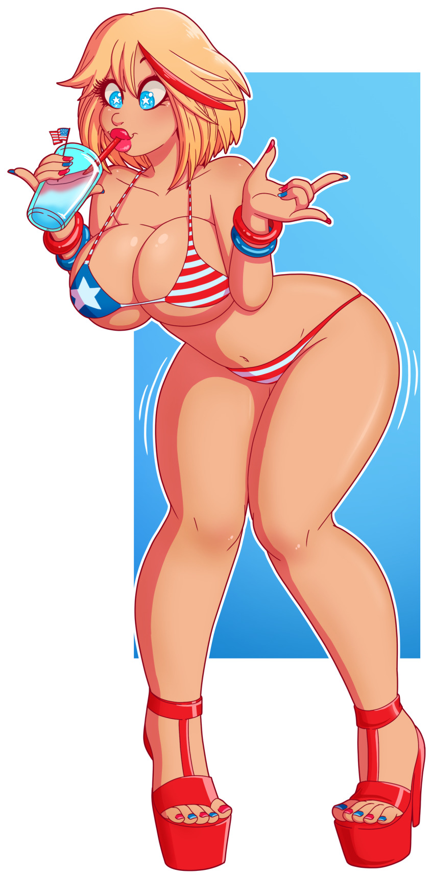 absurdres bikini bimbofication blonde_hair breast_expansion breasts corruption femsub flag_bikini happy_trance high_heels hypnotic_drink kill_la_kill large_breasts leaning_forward navel ryuuko_matoi short_hair story symbol_in_eyes tan_skin thighs wrenzephyr2