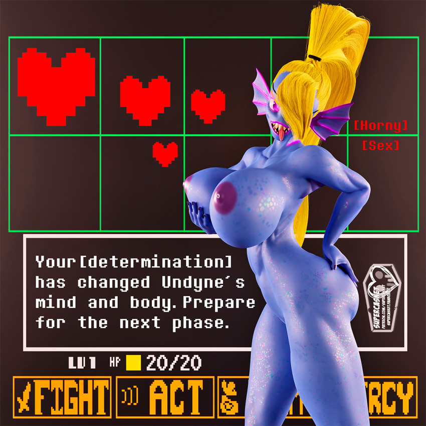 3d ass bimbofication blender blonde_hair blue_skin bottomless breasts collarbone curvy female_only femsub fish_girl glowing_eyes hair_covering_one_eye holding_breasts huge_breasts large_ass navel nipples nude open_mouth pink_eyes ponytail sharp_teeth signature smile supercasket text tongue tongue_out topless undertale undyne_(undertale) very_long_hair