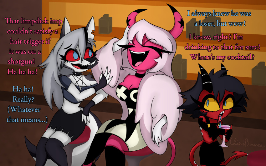 black_hair blue_eyes breasts chair chieri_(chieribounce) chieribounce cleavage closed_eyes clothed crossed_legs demon_girl dialogue english_text eye_color_change female_only femdom femsub furry grey_hair helluva_boss horns laughing long_hair loona_(helluva_boss) midriff millie_(helluva_boss) original pink_skin possession red_sclera sitting slime tail text verosika_mayday white_hair wolf_girl yellow_sclera