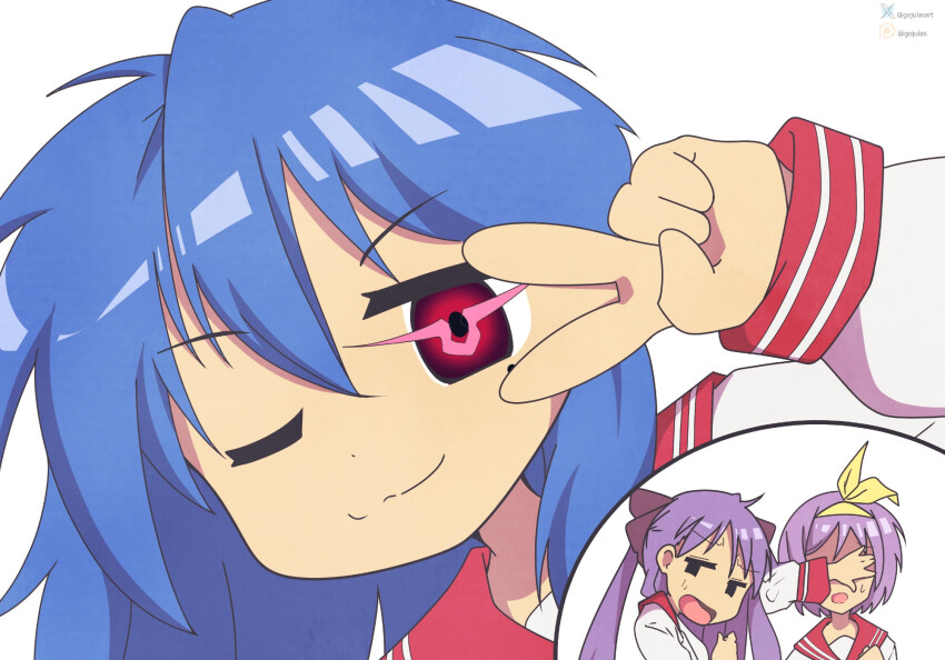 ahoge blue_hair code_geass copyright_request eyebrows_visible_through_hair female_only femdom geass glowing glowing_eyes gojulas hair_ornament hair_ribbon humor kagami_hiiragi konata_izumi long_hair lucky_star mole one_eye_open open_mouth parody purple_hair red_eyes school_uniform simple_background smile sweat symbol_in_eyes tsukasa_hiiragi twintails v white_background