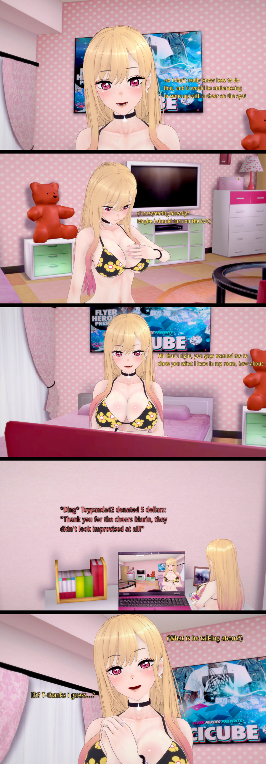 3d absurdres bikini blush bracelet breasts camera collar collarbone complex_background computer dialogue earrings english_text eyebrows_visible_through_hair eyelashes eyeshadow femsub floral_print flower hourglass_figure jewelry koikatsu! large_breasts long_hair makeup maledom marin_kitagawa memory_lapse midriff multicolored_hair my_dress-up_darling navel public_use red_eyes sequence smile spiralwash_eyes sugus sweat tech_control text trigger unaware