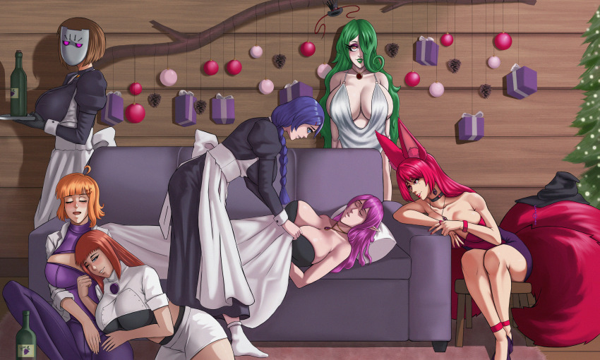 absurdres accord_(accord) anno_(anno) blue_eyes brown_hair celle daniellluan dizzy_(dizzybranwen) ereme_(bobbette) femdom femsub glowing_eyes green_hair kay_(kilprel) large_breasts maid multiple_girls multiple_subs orange_hair original pink_hair purple_hair red_eyes red_hair sleeping sonia_(the_goddess_sonia) spiral_eyes standing_at_attention witch witch_hat