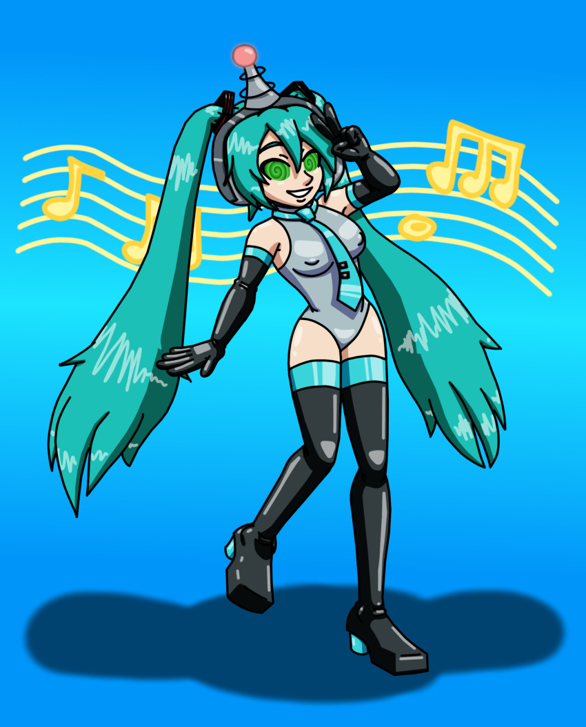antenna blue_hair erect_nipples erect_nipples_under_clothes fembot green_eyes happy_trance headphones high_heels latex leotard miku_hatsune opera_gloves robotization saluting simple_background smile spiral_eyes spiralwash_eyes supertechno324 tech_control thigh_boots twintails vocaloid