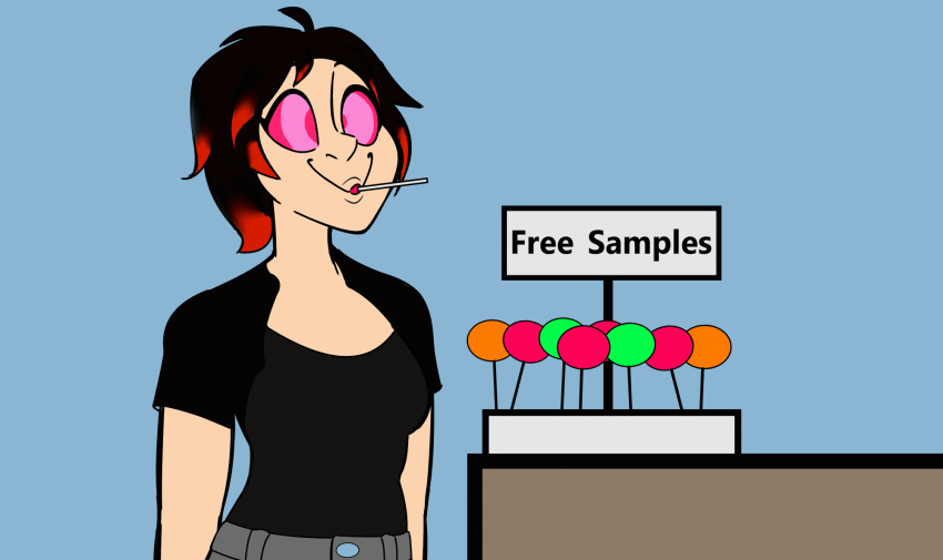 animated_eyes_only animated_gif black_hair candy colorrings femsub happy_trance hypnotic_food kaa_eyes pink_eyes ruby_rose rwby short_hair sign simple_background smile