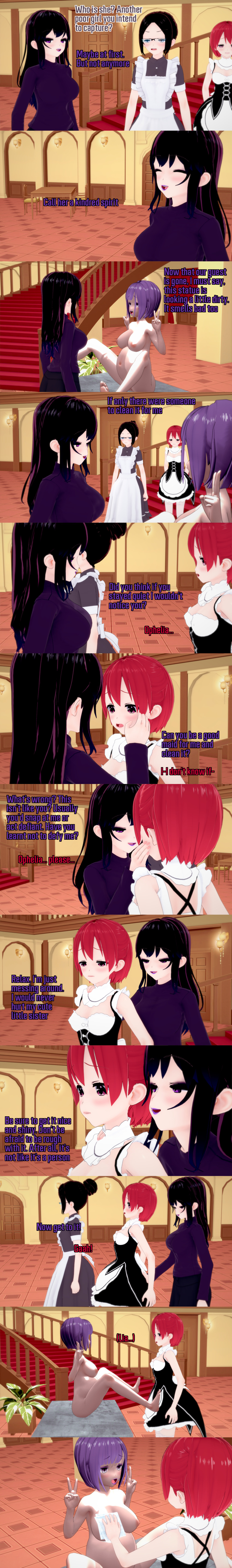 absurdres angry aware black_hair body_control breasts cleaning closed_eyes clothed dialogue double_v english_text female_only femdom femsub glasses grey_eyes lia_(ophelia's_dollhouse) lila_(ophelia's_dollhouse) long_hair maid multiple_girls multiple_subs nipples nude ophelia's_dollhouse ophelia_(ophelia's_dollhouse) pregnant purple_eyes purple_hair red_hair rose_(ophelia's_dollhouse) scared short_hair sisters spanking statue symbol_in_eyes text v witch_(mad_jacks) zenin1