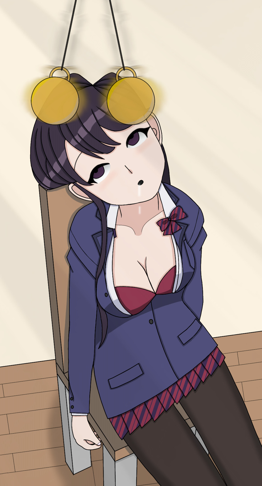 absurdres breasts clothed dazed drool empty_eyes esbypno female_only femsub komi_can't_communicate komi_shouko limp long_hair open_clothes open_mouth pantyhose pendulum pocket_watch purple_eyes purple_hair school_uniform sitting skirt solo