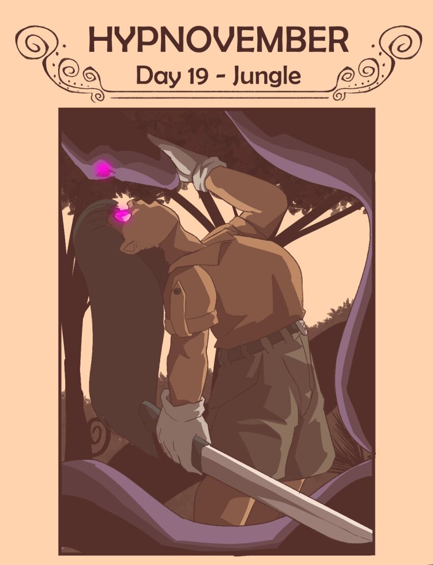 belt black_hair dark_skin gloves glowing_eyes hypnovember limp long_hair mary_mavys_(pstash) open_mouth original plant pstash purple_eyes shorts simple_background weapon yellow_background