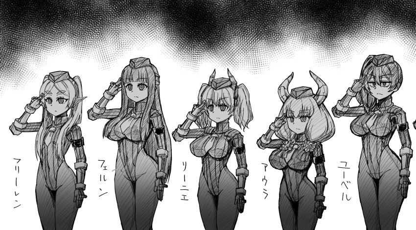 absurdres alternate_costume aura_(frieren:_beyond_journey&#039;s_end) bare_legs beret breasts capcom crossover demon_girl elf elf_ears expressionless female_only femsub fern_(frieren:_beyond_journey&#039;s_end) frieren frieren:_beyond_journey&#039;s_end greyscale japanese_text large_breasts linie_(frieren:_beyond_journey&#039;s_end) long_hair multiple_girls multiple_subs ponytail saluting shadaloo_dolls short_hair side_ponytail street_fighter text thighs tie tousyoku twintails ubel_(frieren:_beyond_journey&#039;s_end) very_long_hair