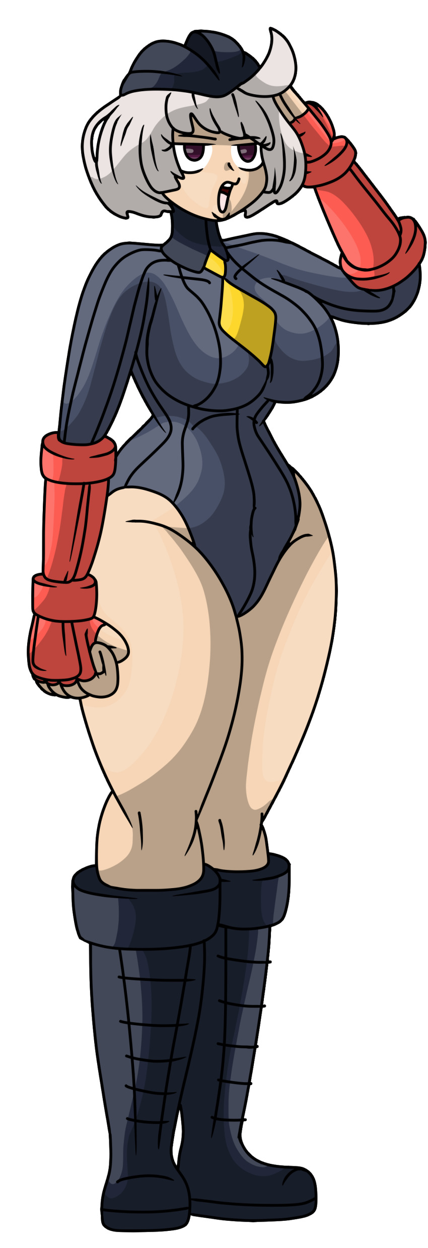 absurdres ahoge alternate_costume bare_legs beret breasts brown_eyes capcom clothed corruption costume crossover elphelt_valentine female_only femsub grey_hair guilty_gear large_breasts legs protoybonnie saluting shadaloo_dolls shoes short_hair simple_background solo street_fighter thick_thighs thighs tie transparent_background