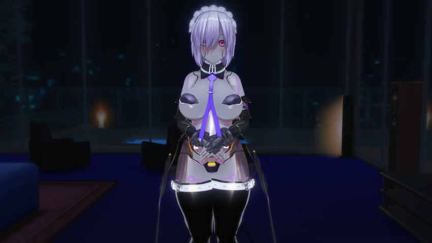 3d absurdres bare_shoulders belt blush breasts corruption custom_maid_3d_2 dark_side_ruler fate/grand_order fate_(series) female_only femsub gauntlets gloves hair_covering_one_eye large_breasts maid maid_headdress mashu_kyrielight opera_gloves panties pasties red_eyes robotization smile solo thighhighs thighs tie