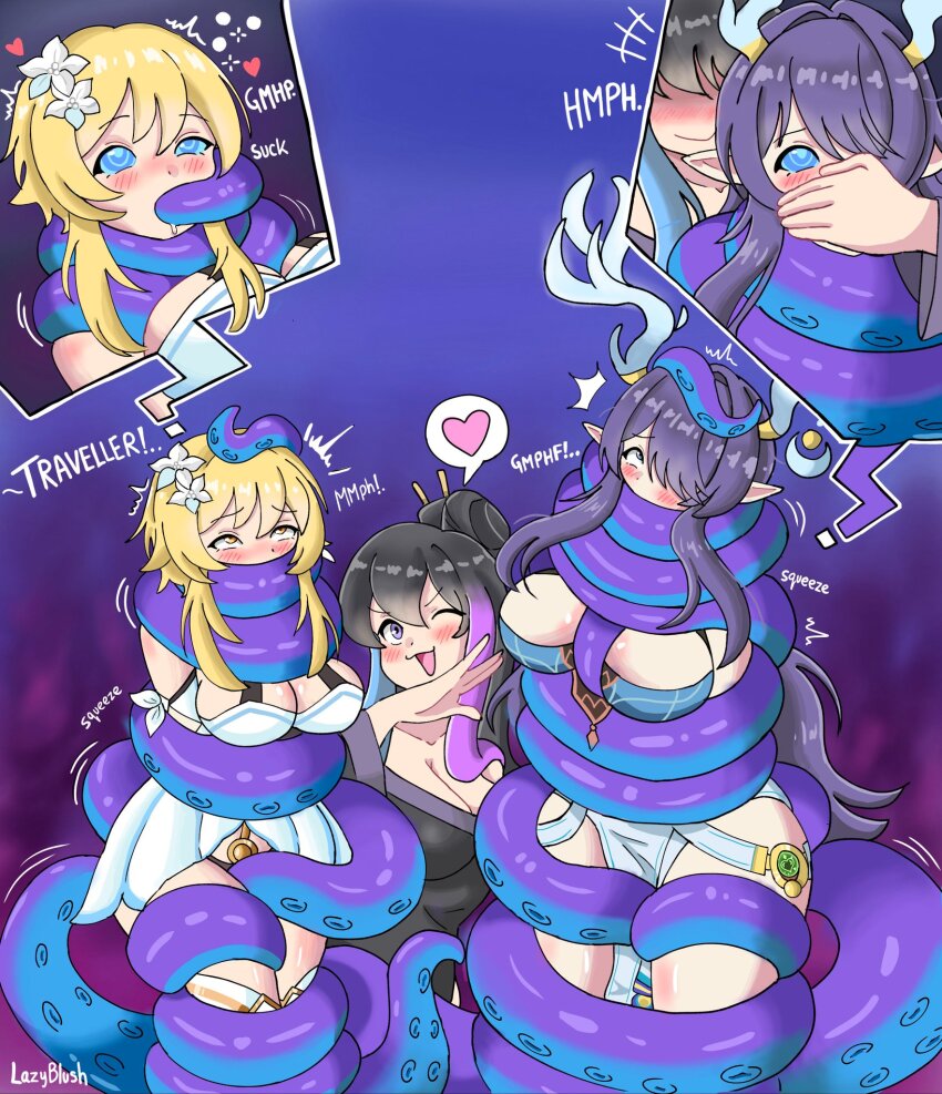 blonde_hair blue_eyes blush breasts coils crotch_rub drool elf_ears eye_color_change female_only femdom femsub flower flower_in_hair genshin_impact heart horns large_breasts lauma lazyblush lumine_(genshin_impact) naga_girl original purple_eyes restrained simulated_fellatio speech_bubble spiralwash_eyes symbol twilight_(tentacleblast_&amp;_twilightotaku) yellow_eyes yuri