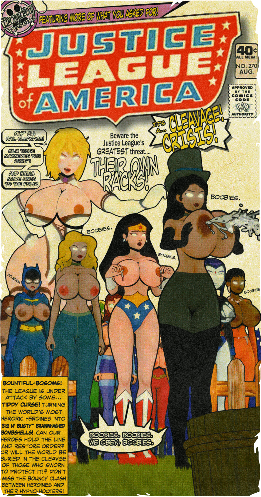 artemis barbara_gordon batgirl black_hair blonde_hair choker cover dark_skin dc_comics dialogue dogdog donna_troy english_text female_only femsub lactation long_hair milk multiple_girls multiple_subs orange_hair power_girl raven red_hair short_hair starfire text vixen white_eyes whitewash_eyes wonder_girl wonder_woman zatanna_zatara