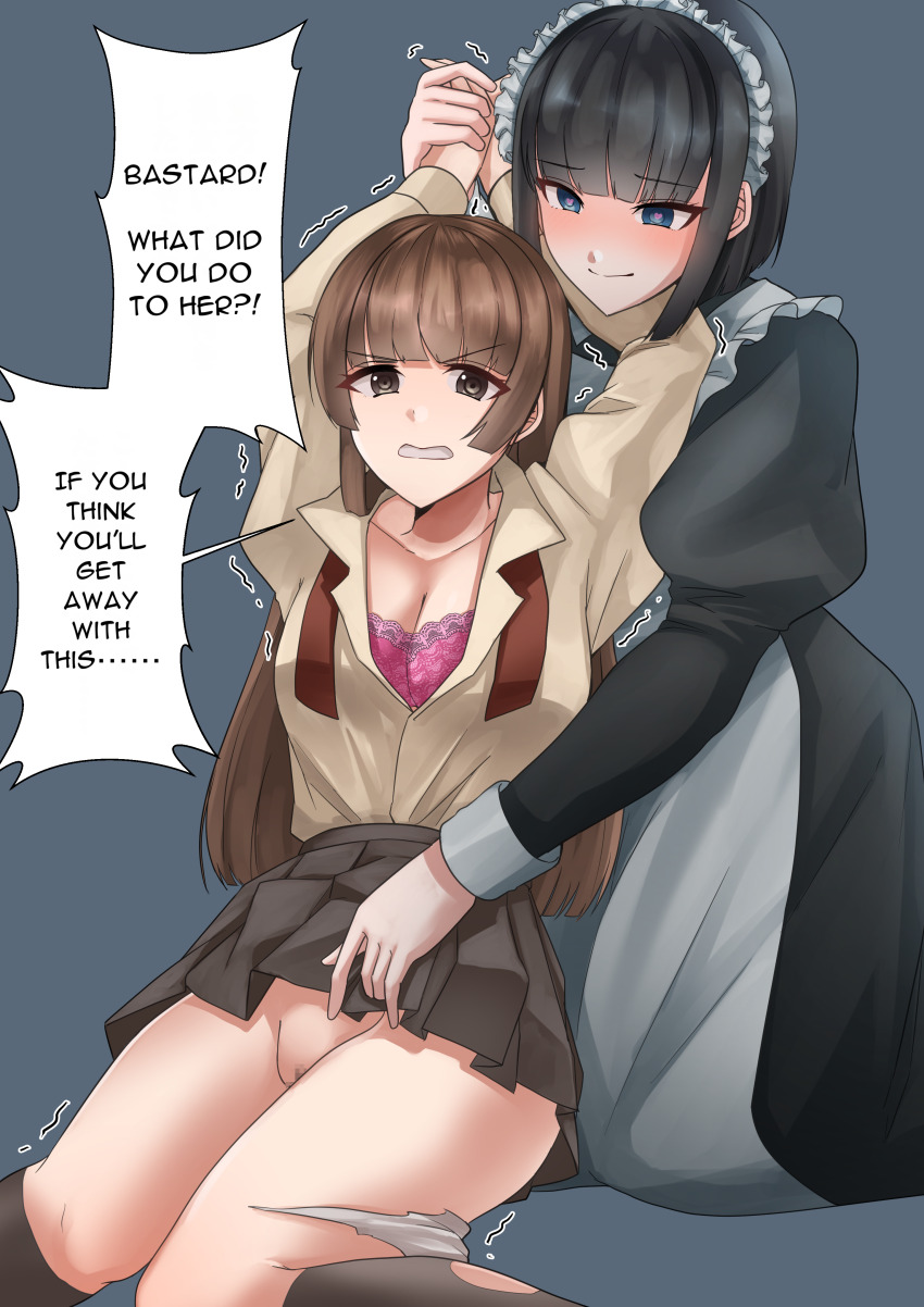 absurdres altered_common_sense angry black_hair blue_background blue_eyes blush bra brown_eyes brown_hair censored cleavage collarbone dialogue enemy_conversion english_text eyebrows_visible_through_hair femsub happy_trance hard_translated heart_eyes hypnotized_assistant long_hair maid maid_headdress maledom memory_alteration multiple_girls open_mouth original pussy resisting restrained school_uniform secret_society_hamelin short_hair simple_background skirt skirt_lift smile speech_bubble symbol_in_eyes text torn_clothes trembling underwear undressing uniform upskirt