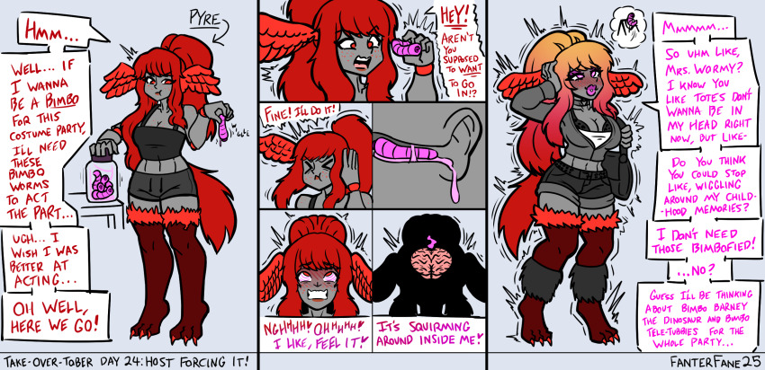 assertive_sub bimbofication brain brain_injection claws consensual dialogue eye_color_change eyebrows_visible_through_hair eyeshadow fanterfane femsub freckles greyscale hand_on_head navel open_mouth original parasite pink_eyes pink_lipstick ponytail red_hair short_shorts speech_bubble tail text thighhighs wings worm x-ray