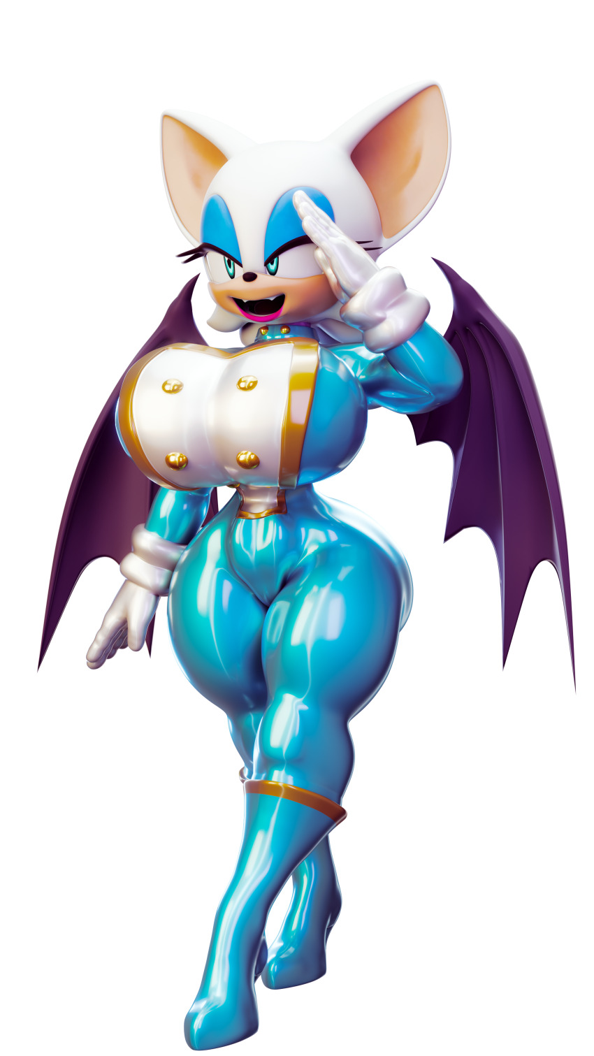 3d ass breasts complex_background female_only femsub furry gloves green_eyes high_heels huge_breasts latex meat_corp military_uniform palisal rouge_the_bat saluting smile sonic_the_hedgehog_(series) standing tongue tongue_out uniform