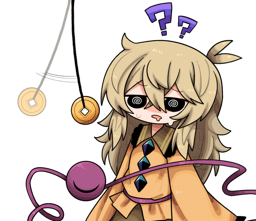 confused drool female_only femsub koishi_komeiji long_hair pendulum simple_background solo spiral_eyes sweat symbol_in_eyes tagme touhou white_background zunusama