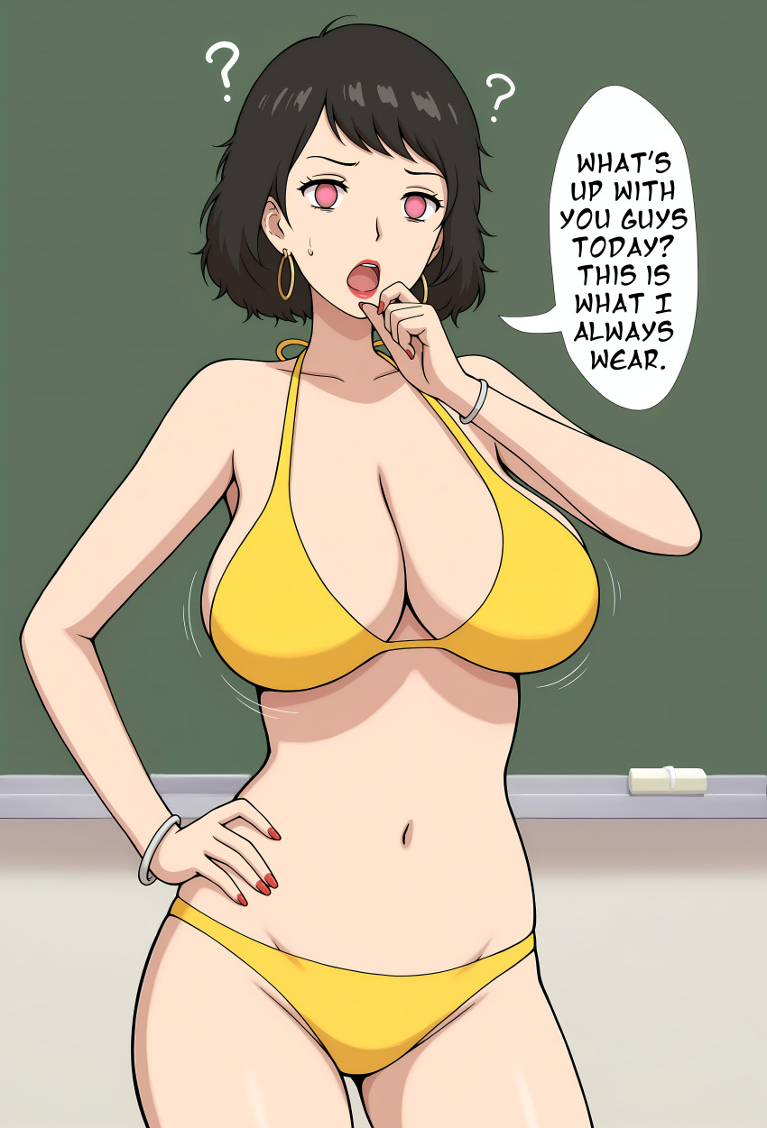 ai_art altered_perception bikini black_hair blackboard bouncing_breasts bracelet classroom cleavage collarbone confused earrings empty_eyes female_only femsub hand_on_hip huge_breasts lipstick looking_at_viewer maledom manip minimimic_(generator) minimimic_(manipper) navel open_mouth persona_(series) persona_5 pink_eyes sadayo_kawakami short_hair simple_background speech_bubble stable_diffusion_(ai) standing text unaware