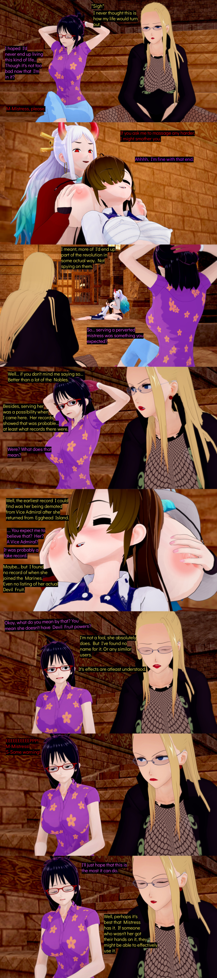 3d absurdres black_hair blonde_hair blue_eyes breasts breasts_outside brown_hair closed_eyes clothed cyanstargazer dialogue english_text femdom femsub glasses horns kalifa_(one_piece) long_hair malesub multiple_girls multiple_subs nipples one_piece oni_boy red_eyes short_hair tashigi text white_hair yamato_(one_piece)