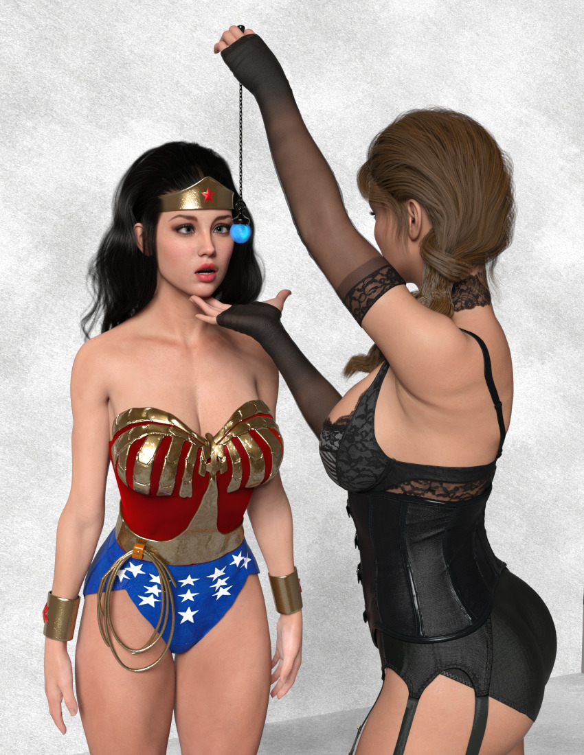 3d black_hair blue_eyes bra bracelet braid brown_hair chin_hold cleavage corset crossed_eyes crown cuffs dc_comics expressionless femdom femsub fingerless_gloves garter_belt garter_straps gloves large_breasts lasso_of_truth lingerie long_hair member9 open_mouth opera_gloves panties pendulum simple_background super_hero underwear wonder_woman