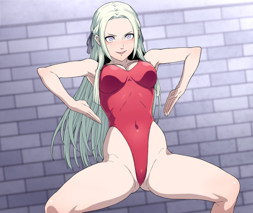 bare_legs blush breasts cleavage collarbone edelgard_von_hresvelg female_only femsub fire_emblem fire_emblem_three_houses hai_(h81908190) haigure hair_ribbon happy_trance large_breasts legs leotard long_hair looking_at_viewer navel nintendo one-piece_swimsuit purple_eyes smile solo swimsuit tight_clothing white_hair