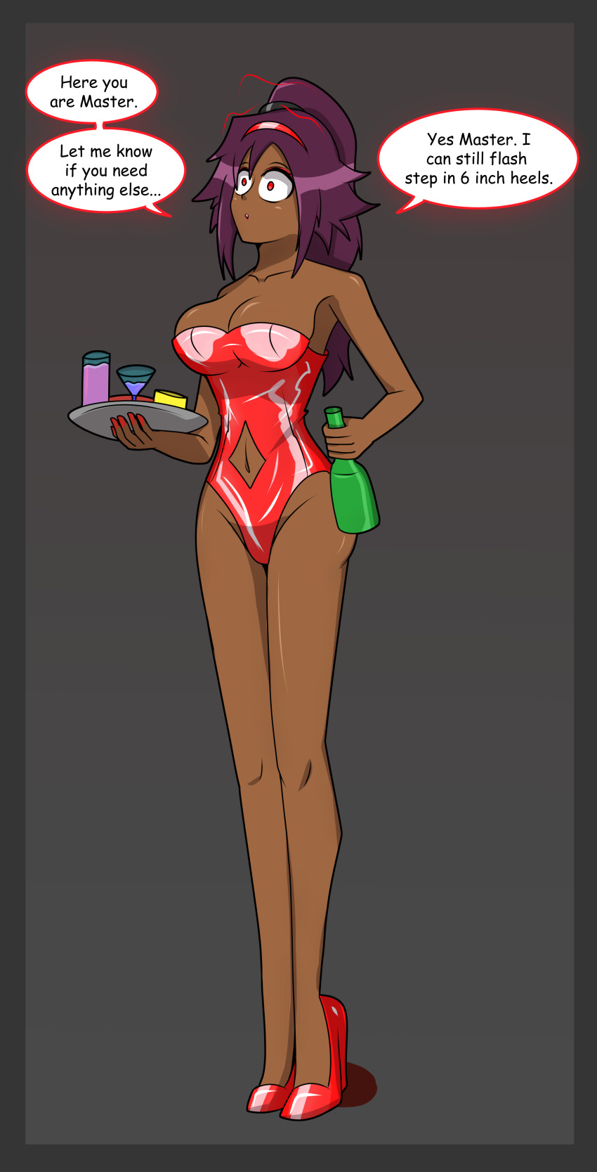 black_hair bleach dark_skin dialogue fembot femsub hy2300 large_breasts long_hair tech_control text yoruichi_shihoin