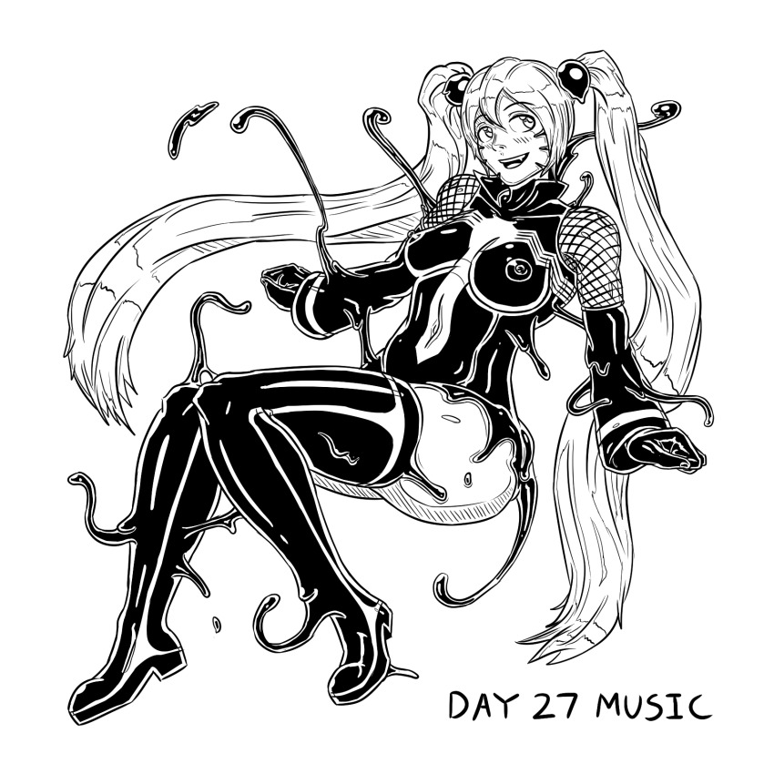 alternate_costume blush breasts corruption english_text femsub gloves greyscale happy_trance high_heels living_costume long_hair looking_back marvel_comics midriff miku_hatsune navel nipples parasite possession slime smile spacen&#039;cake spider-man_(series) symbiote tentacles text thighhighs thighs twintails venom_(marvel) vocaloid white_background