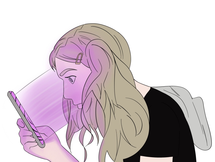 ann_takamaki artist_request blonde_hair cell_phone femsub hypnotic_eyes hypnotic_screen persona_(series) persona_5 simple_background tagme